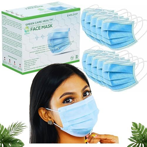 Green Care Health Disposable Face Mask,Surgical Medical(Pack Of 100 Pcs)Free Reusable Travel Pouch,3Ply Filter,Non-Woven Soft Cotton Nose Clip,Elastic Ear Loop,Dust Antipollution Blue Unisex Men Women