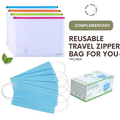 Green Care Health Disposable Face Mask,Surgical Medical(Pack Of 100 Pcs)Free Reusable Travel Pouch,3Ply Filter,Non-Woven Soft Cotton Nose Clip,Elastic Ear Loop,Dust Antipollution Blue Unisex Men Women