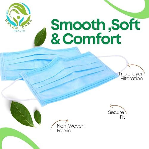Green Care Health Disposable Face Mask,Surgical Medical(Pack Of 100 Pcs)Free Reusable Travel Pouch,3Ply Filter,Non-Woven Soft Cotton Nose Clip,Elastic Ear Loop,Dust Antipollution Blue Unisex Men Women