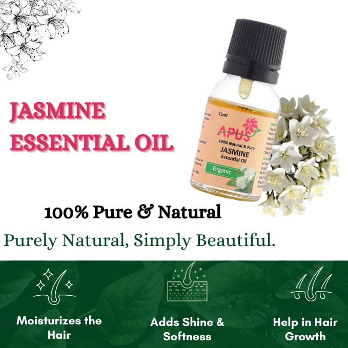Apus Jasmine Essential Oil 15Ml | 100% Natural & Pure | Therapeutic Grade For Skin Care, Hair Growth, Aromatherapy, Relaxation, Stress Relief, Diffuser Fragrance | Undiluted, Organic, All Seasons