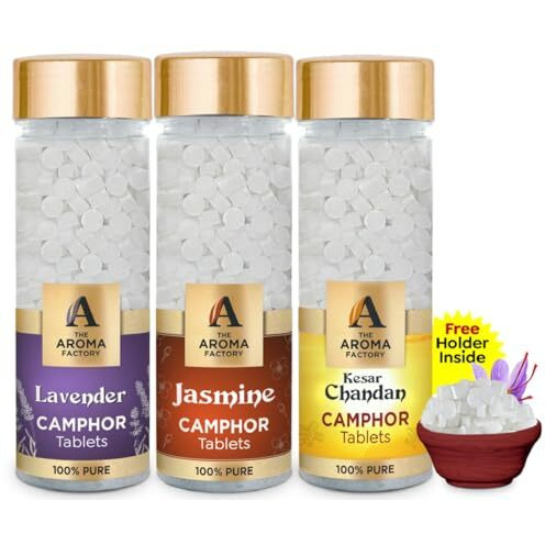 The Aroma Factory Pure Camphor Tablets, Lavender, Jasmine & Kesar Chandan, Zero Residue Kapoor With Fragrance For Pooja, Aarti Kapur | Bottle Pack Of 3 X 80Gm