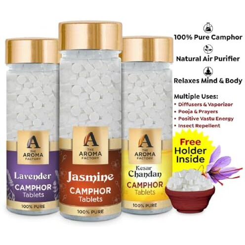 The Aroma Factory Pure Camphor Tablets, Lavender, Jasmine & Kesar Chandan, Zero Residue Kapoor With Fragrance For Pooja, Aarti Kapur | Bottle Pack Of 3 X 80Gm