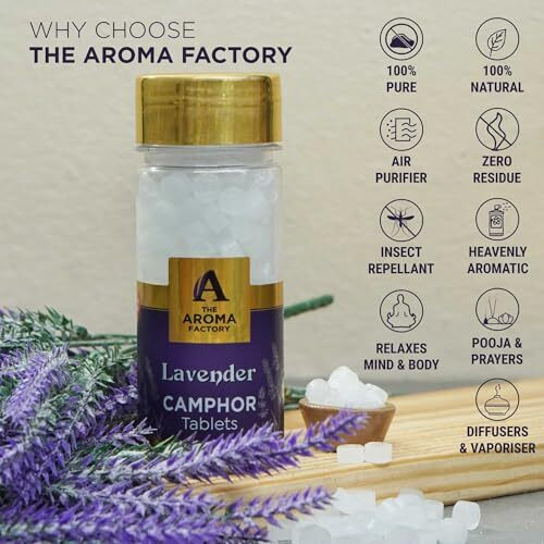 The Aroma Factory Pure Camphor Tablets, Lavender, Jasmine & Kesar Chandan, Zero Residue Kapoor With Fragrance For Pooja, Aarti Kapur | Bottle Pack Of 3 X 80Gm