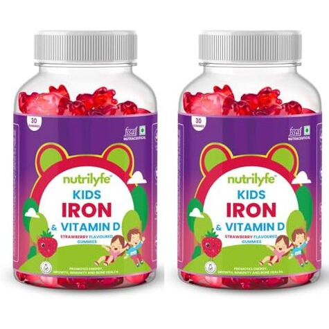 Nutrilyfe Iron & Vitamin D Gummies | Strawberry Flavoured Multivitamin Gummy For Kids | Promotes Energy,Growth,Immunity & Bone Health | Improves Haemoglobin | 60 Bear-Shaped Chewable Gummies