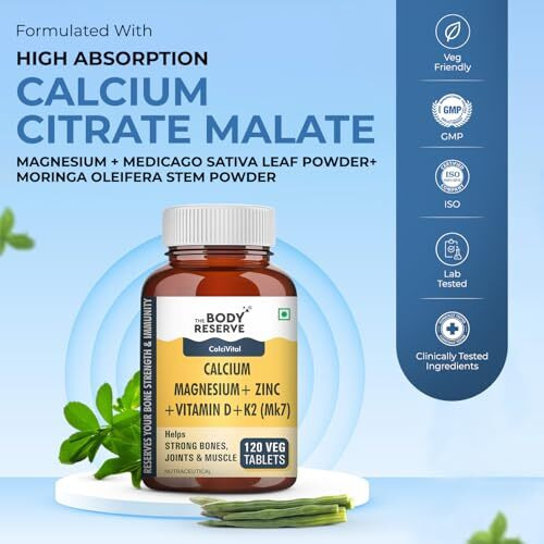 The Body Reserve Calcium Tablets For Women & Men- 120 Tablets, Calcium Magnesium & Zinc Supplements For Man With Calcium Citrate, Vitamin K2, Mk7 & Vitamin B12 To Support Joints & Bone Health (4 Months Supply Pack)