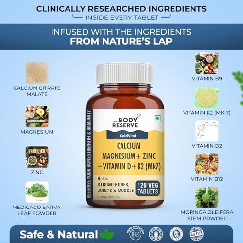 The Body Reserve Calcium Tablets For Women & Men- 120 Tablets, Calcium Magnesium & Zinc Supplements For Man With Calcium Citrate, Vitamin K2, Mk7 & Vitamin B12 To Support Joints & Bone Health (4 Months Supply Pack)
