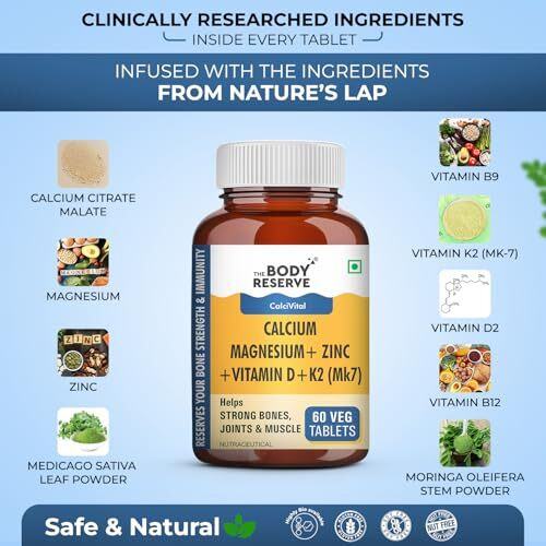 The Body Reserve Calcium Tablets For Women & Men- 60 Tablets, Calcium Magnesium & Zinc Supplements For Man With Calcium Citrate, Vitamin K2, Mk7 & Vitamin B12 To Support Joints And Bone Health