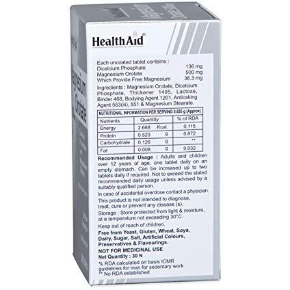 Health Aid Healthaid Magnesium Orotate - 30 Vegetarian Tablets|Superior Absorption Formula|Magnesium Supplement For Healthy Bones, Teeth, Nerve System |Yeast&Gluten Free