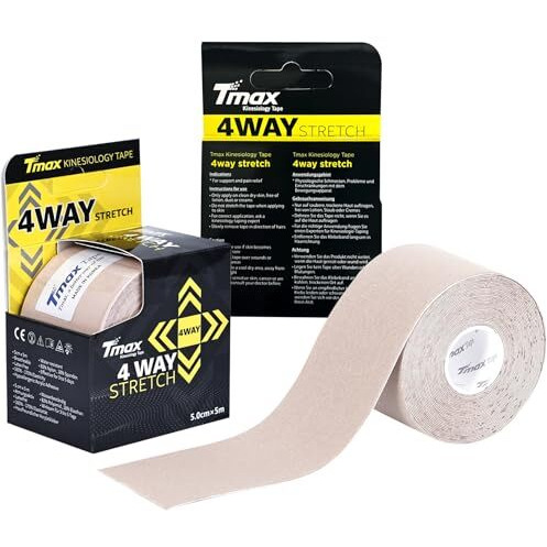 Tmax Cotton Kinesiology Tape  Elastic Sports Tape For Muscle Support, Pain Relief, And Joint Stability  5 Cm X 5 M Roll, (Beige 4 Way)