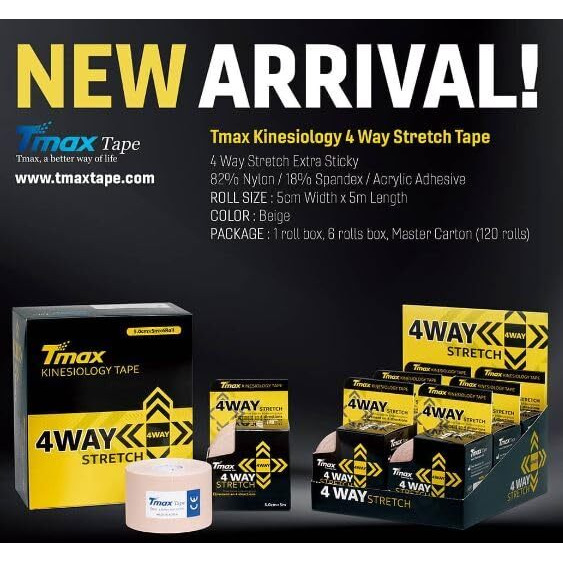 Tmax Cotton Kinesiology Tape  Elastic Sports Tape For Muscle Support, Pain Relief, And Joint Stability  5 Cm X 5 M Roll, (Beige 4 Way)