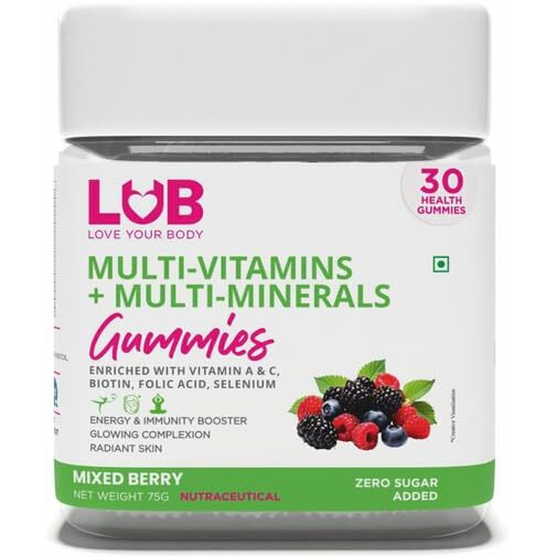 Lub Love Your Body Multivitamin & Multimineral Gummies Enriched With Vitamin A & C, Biotin, Folic Acid And Selenium | Daily Supplement For Men And Women | No Added Sugar | Improves Energy, Stamina And Immunity (30 Gummies)