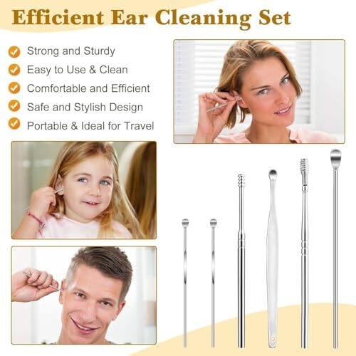 Naxue 6 Pcs Ear Wax Removal Cleaning Tool, Reusable Ear Wax Cleaner With Leather Pouch, Painless Ear Pick Wax Remover With Ear Curette Cleaner And Spring Ear Buds Cleaner For Men Woman(Leather Ear Pick)