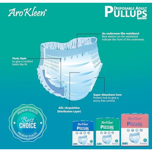 Arokleen Premium Adult Pull-Up Diaper Pants 60 Count | Waist Size 75-140 Cm | 30"-55" Inches | Unisex | High Absorbency | Leak-Proof Protection Pack Of 6 (Large, 60, Count)