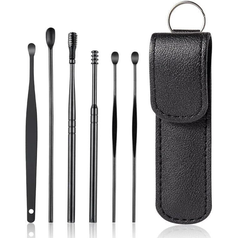 Birvan 6 Pcs Ear Pick Earwax Removal Kit, Ear Cleansing Tool Set, Ear Curette Cleaner, 360 Spiral Design Ear Canal Cleaner Stainless Steel, With A Storage Box Portable Kit For Home And Travel (Black) (Black)