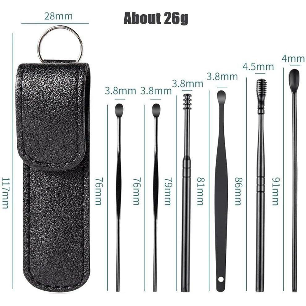 Birvan 6 Pcs Ear Pick Earwax Removal Kit, Ear Cleansing Tool Set, Ear Curette Cleaner, 360 Spiral Design Ear Canal Cleaner Stainless Steel, With A Storage Box Portable Kit For Home And Travel (Black) (Black)