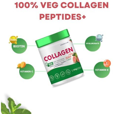 Vitamins & Me Vegetarian Collagen Supplements Powder By For Healthy Skin, Hair & Nails, 100G, Guava Flavour, With Biotin, Vitamin C, Vitamin E & Hyaluronates