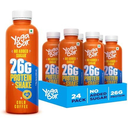 Yogabar 26G Protein Shake - Monthly Pack | Goodness Of Protein & Premium Coffee | 26G Protein Milkshake With No Added Sugar | Ideal For Early Mornings, Pre & Post Workouts Energy Drink | 24 Bottles, 250Ml Each (Cold Coffee)