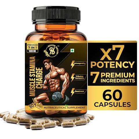 Sukkun Herbs Muscle Stamina Charge Supplement - 3200 Mg - 7-In-1 Formula Blend - Tribulus Terrestris | Ashwagandha | Beetroot | Ginseng For Boost Muscle Strength | Endurance | Testosteron Booster | Recovery | Energy (120 Vegan Capsules) Pack Of 2