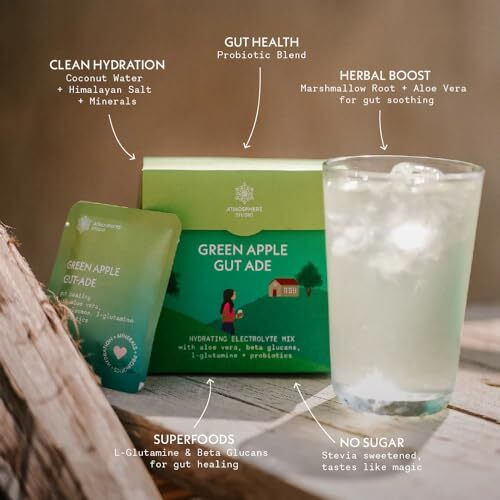 Atmosphere Electrolyte Powder, Green Apple Gut Ade (15 Sachets), With Aloe Vera, Beta Glucans, L-Glutamine, Marshmallow Root + Probiotics, Get Daily Hydration & Energy Boost, Zero Sugar