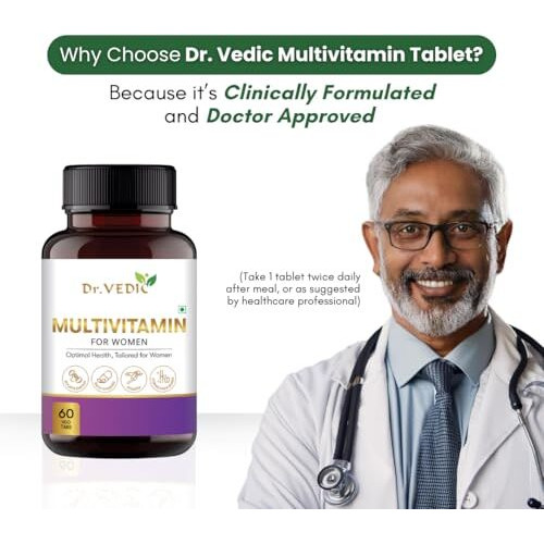 Dr Vedic Women Multivitamin Tablets With Vitamin A, B1, B2, B5, B6, D-Biotin & 24 Nutrients For Health, Energy, Strong Bones & Immunity | (60 Tablets)