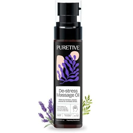 Puretive Destress Massage Oil | Relaxes Aches And Pains | Suitable For All Skin Types | Deeply Relaxes | For Daily Use | Calms The Body And Mind With A Blend Of Pure Essential Oils |100Ml
