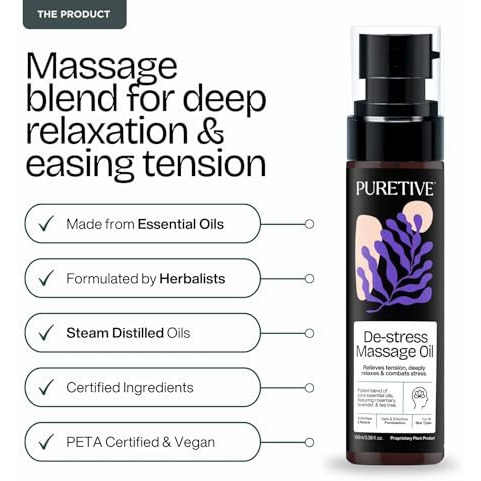 Puretive Destress Massage Oil | Relaxes Aches And Pains | Suitable For All Skin Types | Deeply Relaxes | For Daily Use | Calms The Body And Mind With A Blend Of Pure Essential Oils |100Ml