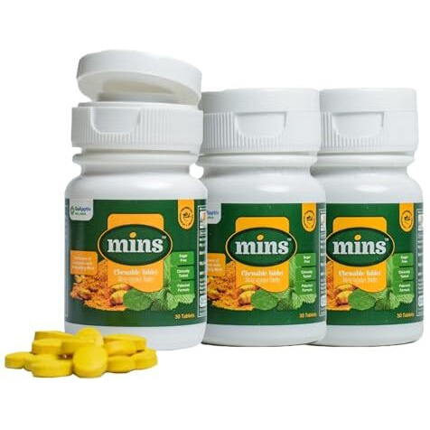 Mins Chewable Tablets Bottle Of 30's Green| Curcumin Tablets With Piperine| For Cold, Cough, Sore Throat & Bad Breath| Sugar Free| 30 Chewable Tablets Pack Of 3