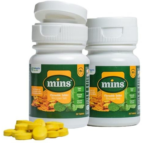 Mins Chewable Tablets Bottle Of 30's Green| Curcumin Tablets With Piperine| For Cold, Cough, Sore Throat & Bad Breath| Sugar Free| 30 Chewable Tablets Pack Of 2