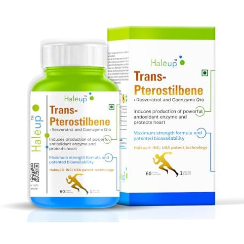 Haleup 99% Pure Trans-Pterostilbene With Resveratrol | Potent Antioxidant | High Bioavailability | Promotes Healthy Ageing | Skin Health (4 Pack X 60S Count)