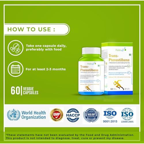 Haleup 99% Pure Trans-Pterostilbene With Resveratrol | Potent Antioxidant | High Bioavailability | Promotes Healthy Ageing | Skin Health (4 Pack X 60S Count)