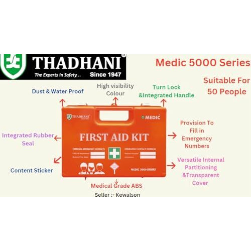 Thadhani Medic 5000 Series First Aid Box Kit - Ansi Type Iii Compliant For 50 People, High Visibility, Portable & Mountable, Water Resistant With Wall Bracket | Ideal For Home, Office & Industrial Use
