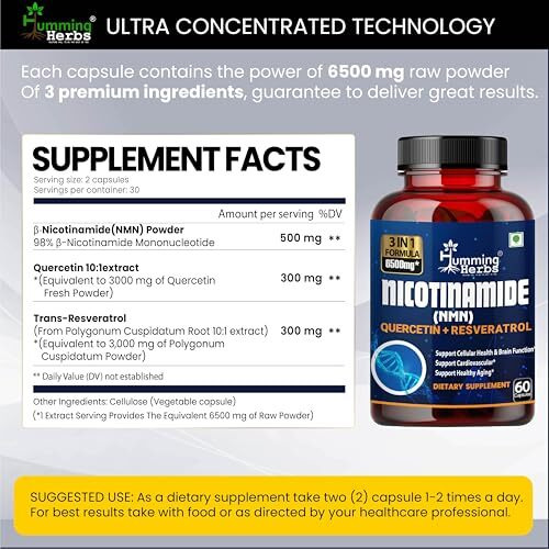 Humming Herbs Nmn Nicotinamide Mononucleotide With Resveratrol & Quercetin | Supports Cellular Health, Boosts Nad+ Levels, Promotes Energy & Healthy Aging | Advanced Anti-Aging Formula 60 Capsule