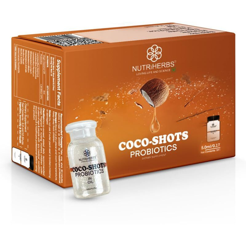 Nutriherbs Cocoshot Probiotics Gut Health Supplement With Virgin Coconut Oil - For Gut Cleanse | Helps To Detox | Supports Gas & Bloating Relief - For Women & Men 5Ml -Pack Of 10