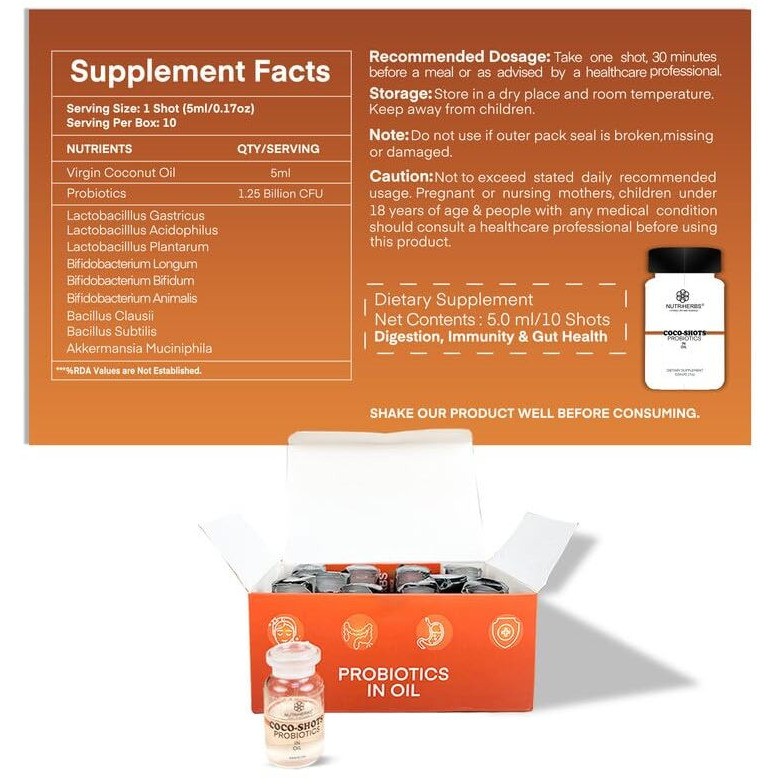 Nutriherbs Cocoshot Probiotics Gut Health Supplement With Virgin Coconut Oil - For Gut Cleanse | Helps To Detox | Supports Gas & Bloating Relief - For Women & Men 5Ml -Pack Of 10