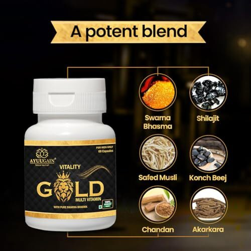 Ayuugain Vitality Gold Shilajit Capsule For Men Original, Stamina, Power, Energy, Strength, Immunity And Performance Booster Ayurvedic Testosterone Supplement For Men