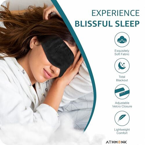 Athmonk Luxury Velvet Extra-Wide Sleeping Eye Mask Blind Fold - Essential Travel Accessories - Blindfold For Sleeping - Eye Mask For Sleeping Men & Women - Complete Blackout - Velcro Strap - Black
