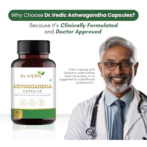 Dr Vedic Ashwagandha Capsules - 100% Pure Ashwagandha Extract For Stress Relief, Energy Boost, Improved Sleep & Immune Support (60 Capsules)