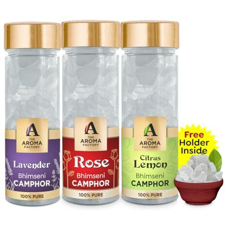 The Aroma Factory Pure Bhimseni Camphor, Lavender, Rose & Citrus Lemon, Zero Residue Kapoor With Fragrance For Pooja, Aarti Kapur | Bottle Pack Of 3 X 80Gm