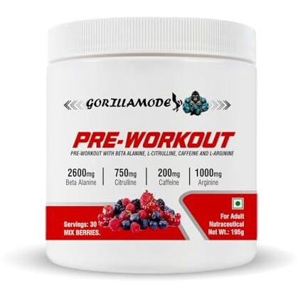 Gorilla Mode Pre Workout Powder With Creatine For Performance, Beta Alanine For Muscle, L-Citrulline For Pump & Tri-Source Caffeine For Sustained Energy | Sports Nutrition Pre-Workout Powders | Men & Womens Drink, Energy Powder For Working Out, Massive Pumps, Laser Focus [30 Servings, Mix Berries]