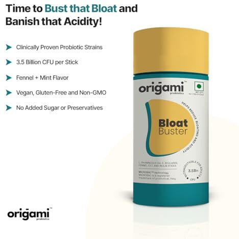Origami Bloat Buster Probiotic Stick For Bloating And Acidity Relief | Clinically Proven Strains | 3.5 Billion Cfu | Fennel + Mint Flavour | Made In India | 15 Sticks