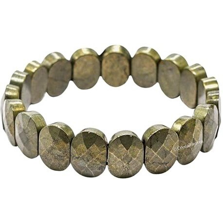 Certified Pyrite Bracelet For Women Men With Healing Crystal And Reiki Stone - Beautiful Gemstone Faceted Beaded Bracelet For Balance, Harmony & Positive Energy (Oval Stone)