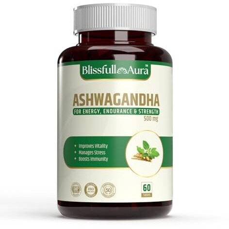Blissfull Aura Organic Ashwagandha Tablets For Men, 500 Mg, 100% Natural And Organic, Immunity Booster, Stress And Anxiety Relief, Rejuvenates Mind And Body, 60 Tablets