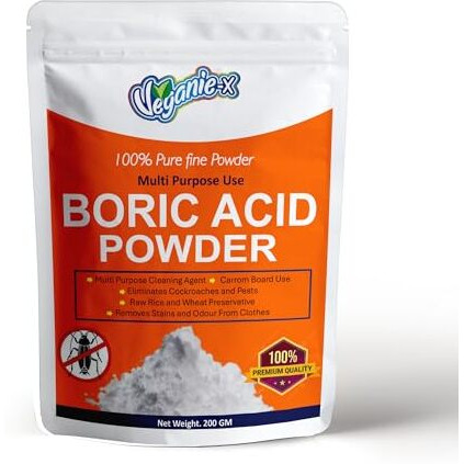 Veganie-X Boric Acid Powder |Uses For Cockroaches, Ants, Bed Bug Killer | Fine Carrom Powder, Rice Preservative | Industrial Grade Cleaning Agent Natural And Safe -200 Gm