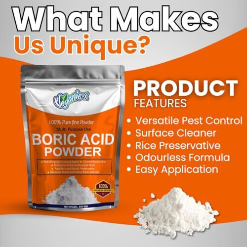 Veganie-X Boric Acid Powder |Uses For Cockroaches, Ants, Bed Bug Killer | Fine Carrom Powder, Rice Preservative | Industrial Grade Cleaning Agent Natural And Safe -200 Gm