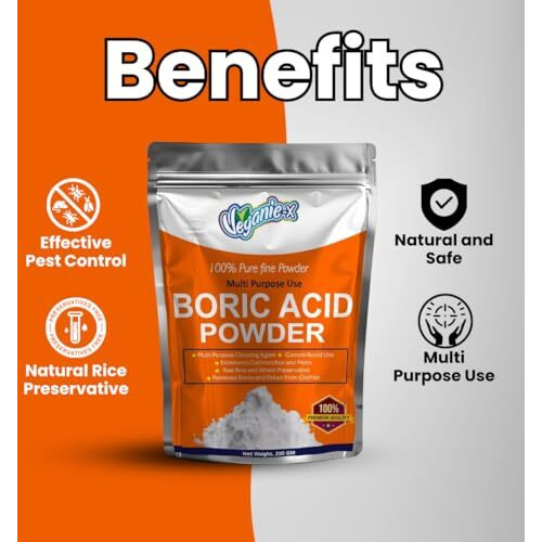 Veganie-X Boric Acid Powder |Uses For Cockroaches, Ants, Bed Bug Killer | Fine Carrom Powder, Rice Preservative | Industrial Grade Cleaning Agent Natural And Safe -200 Gm