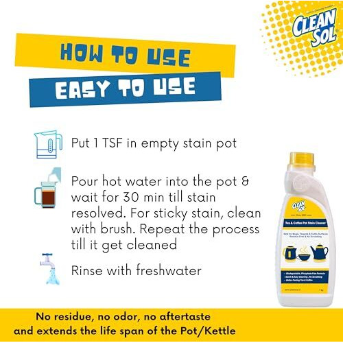 Cleansol Tea & Coffee Pot Stain Cleaner Powder | Safe For Mugs, Teapots & Kettle Surfaces | Residue-Free & No Scrubbing -1Kg