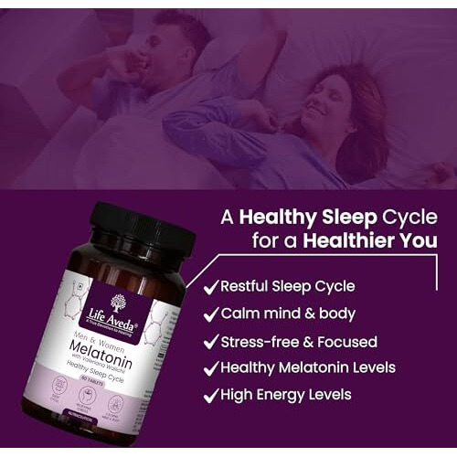 Life Aveda Melatonin Sleep Tablets Herbal Sleeping Pills Promotes Deep Sleep, Improve Sleep Quality With Vitamin B6, Valeriana Wallichii, Chamomile Extract | Faster Safe & Non-Habit Forming, For Men & Women - 60 Veg Tablets