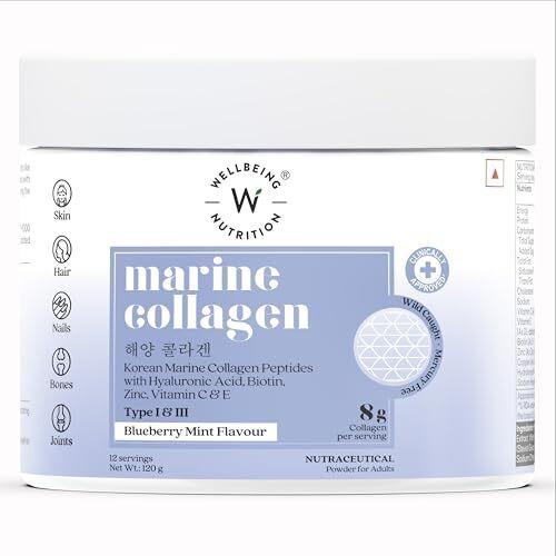 Wellbeing Nutrition Pure Korean Marine Collagen Peptides Supplement For Skin, Hair, Nails & Joints | Clinically Proven | High Absorption 8 Gms Collagen, Blueberry Mint, 120 Gms