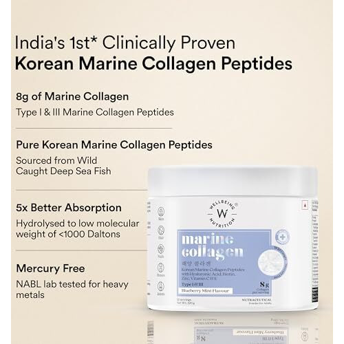 Wellbeing Nutrition Pure Korean Marine Collagen Peptides Supplement For Skin, Hair, Nails & Joints | Clinically Proven | High Absorption 8 Gms Collagen, Blueberry Mint, 120 Gms