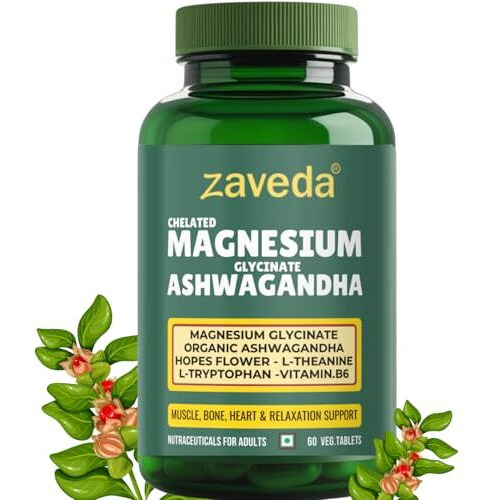 Zaveda Magnesium Glycinate Ashwagandha Tablets With Hopes Flower, Vit. B6, L-Theanine, L-Tryptophan & Zinc | Highly Advanced Plant Based Formula | Muscle Recovery, Sleep & Nerve Halth | 60 Vegtablets